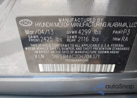 2013 Hyundai Sonata Gls из США, поврежденный, VIN 5NPEB4AC2DH704371